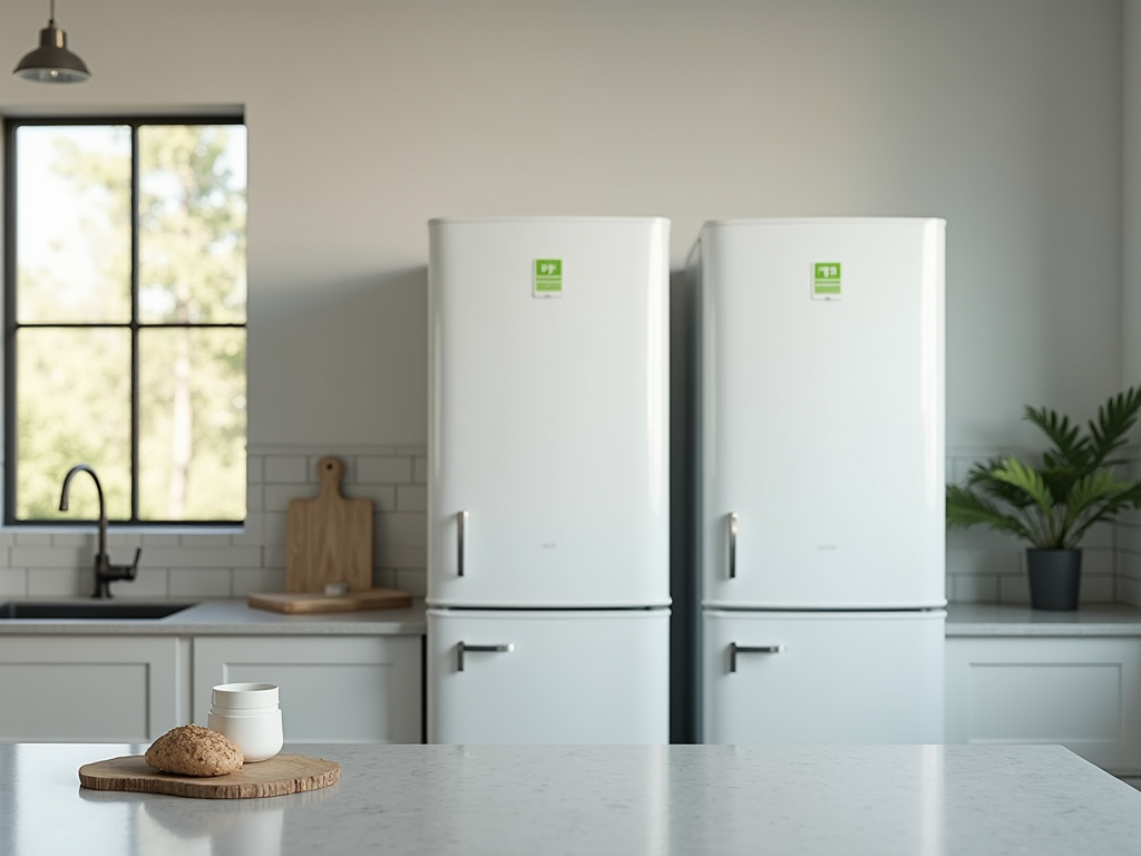 Modern kitchen with two white refrigerators, a window view, and a countertop with bread and a mug.