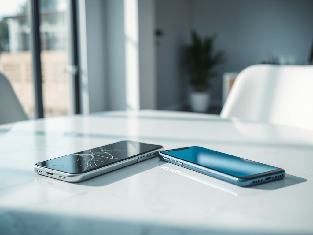 Two smartphones are resting on a table; one has a cracked screen, while the other appears pristine.