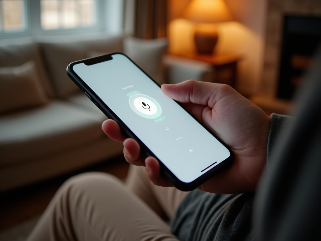 Person holding a smartphone with a smart home app open, sitting in a cozy room.