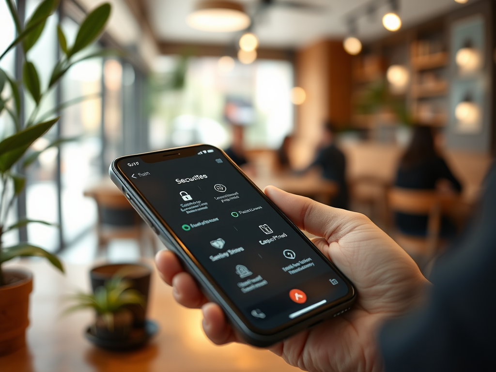 A hand holds a smartphone displaying a security app interface in a cozy café setting.