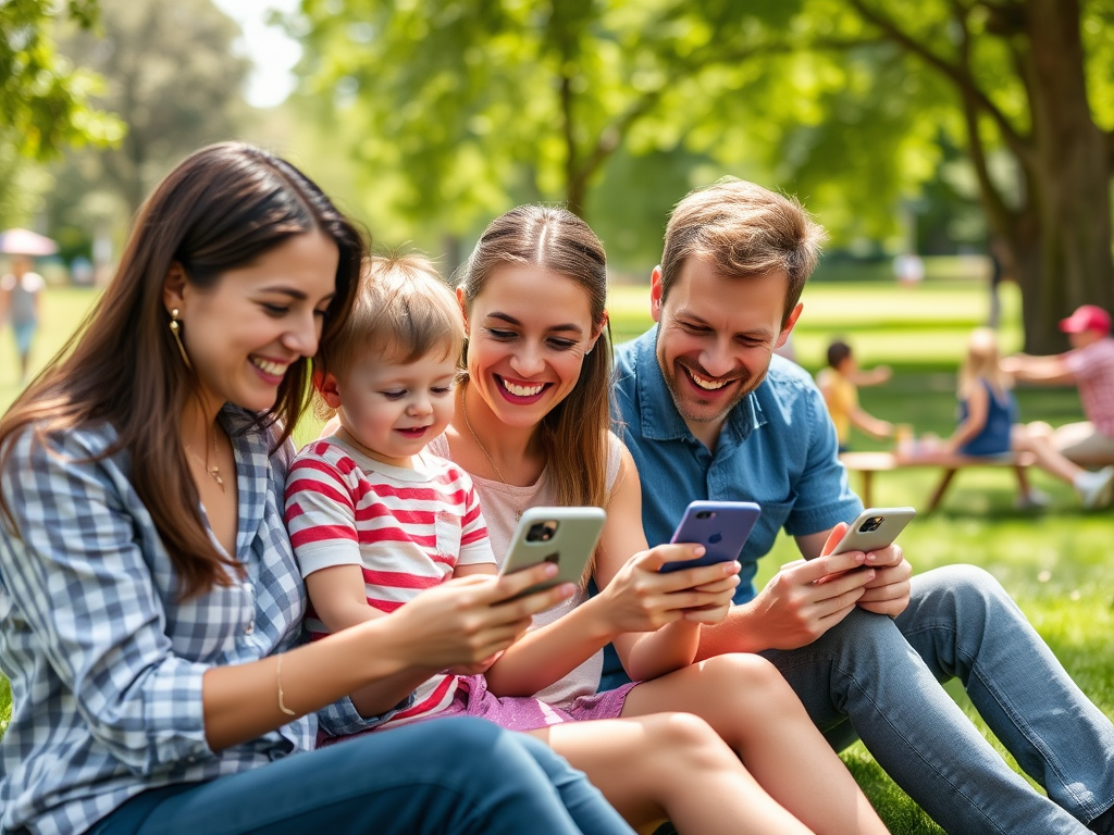 A group of four people, including a child, sits on the grass, enjoying their smartphones and smiling together.