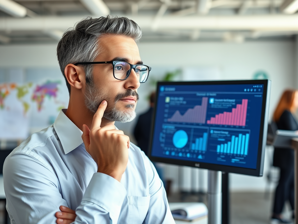 A thoughtful man with glasses analyzes data on a computer screen in a modern office environment.