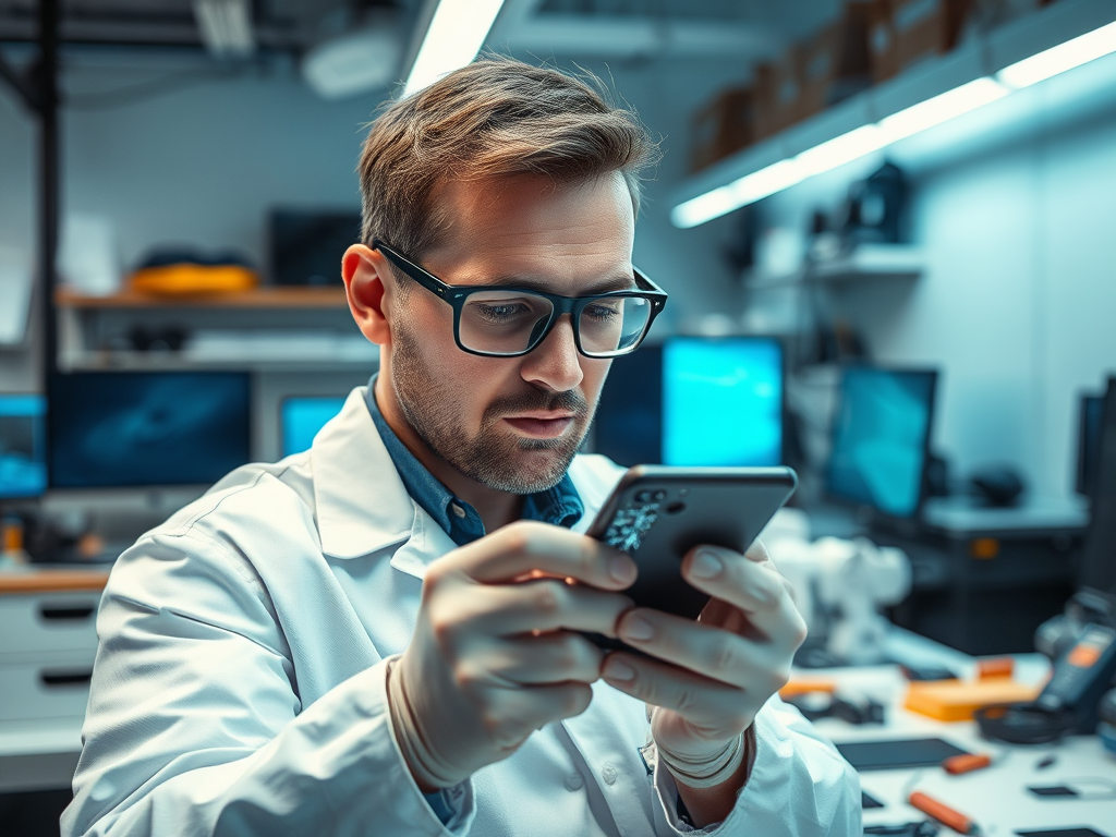 A focused scientist in a lab, wearing glasses and a white coat, examines a smartphone in his hands.