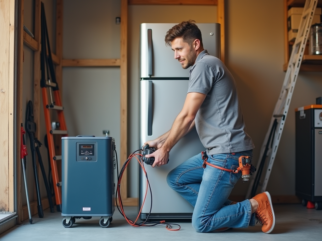 Man kneeling in a garage, connecting cables to a portable generator, with tools and ladder in background.