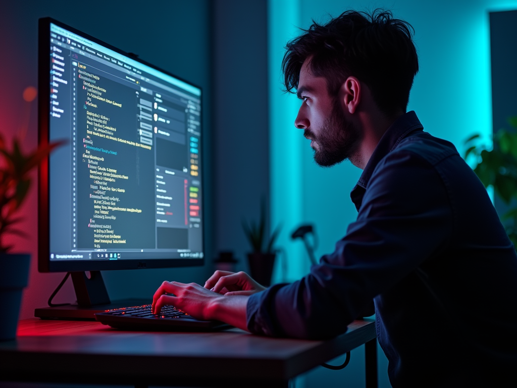 Man coding on computer in dark room with blue lighting.