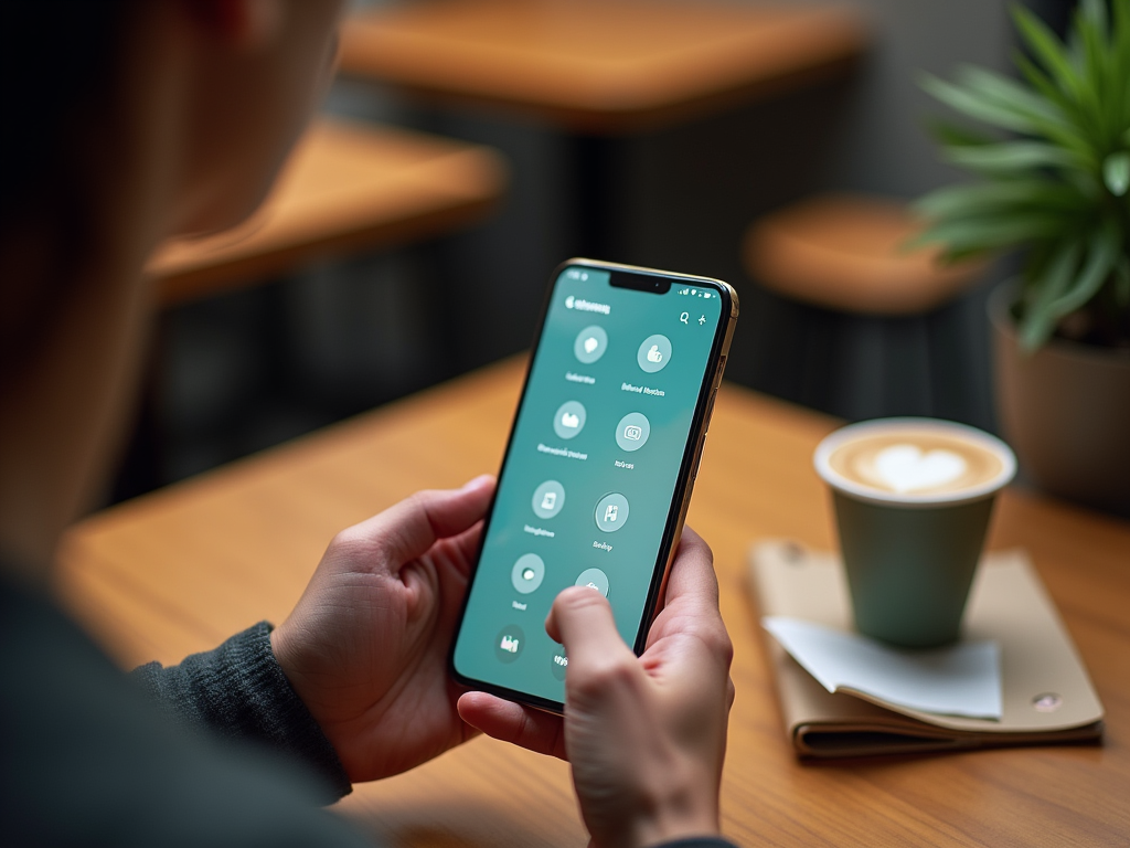 Person using smartphone with home screen visible, sitting at table with coffee.