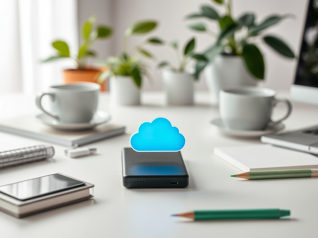 A smartphone on a desk with a blue cloud icon, surrounded by plants, cups, and stationery items.