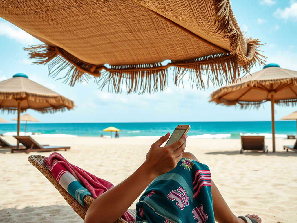 A person relaxing on a beach chair under an umbrella, looking at their phone with the ocean in the background.