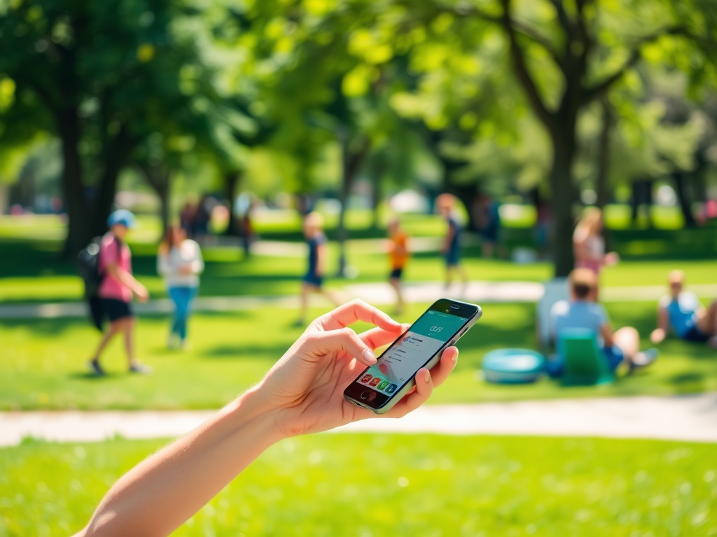 A person is holding a smartphone in a park, with people walking and sitting in the background.