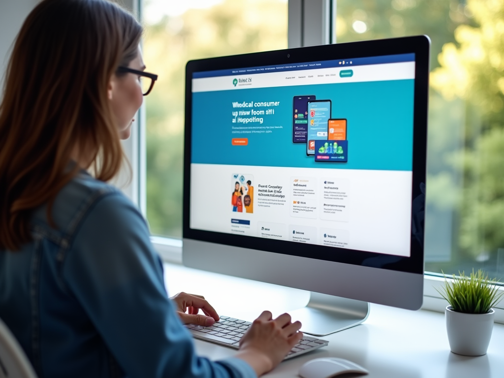 Woman views a medical consumer webpage on a desktop computer in a bright office.