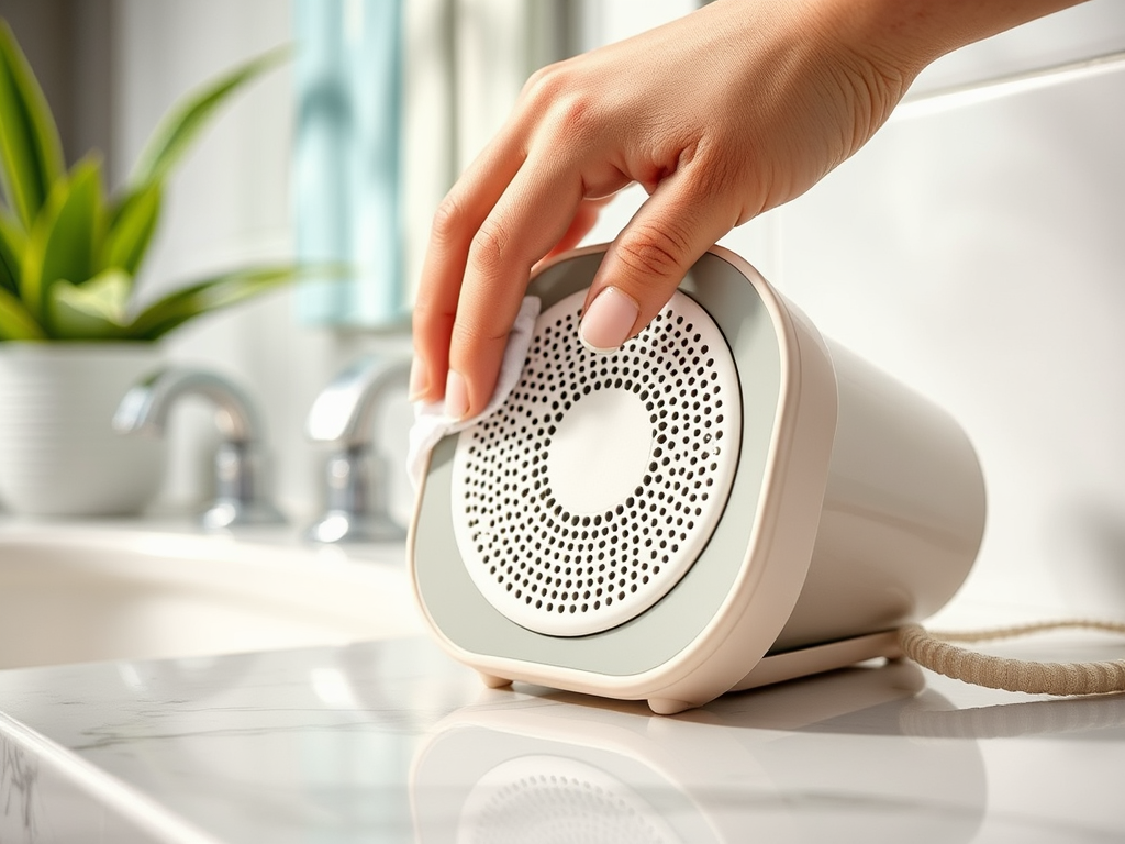 A hand wipes a small speaker on a bathroom counter, with a plant and faucets visible in the background.