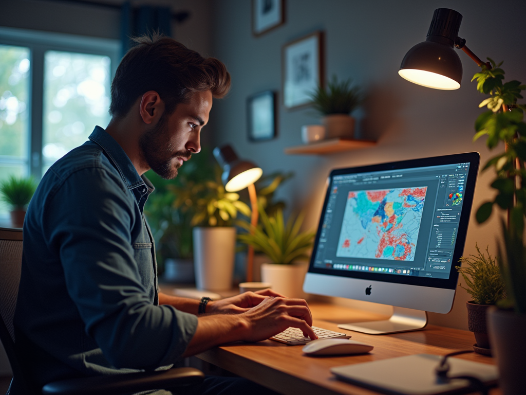 Man analyzing geographic data on a computer screen in a cozy office setup at night.