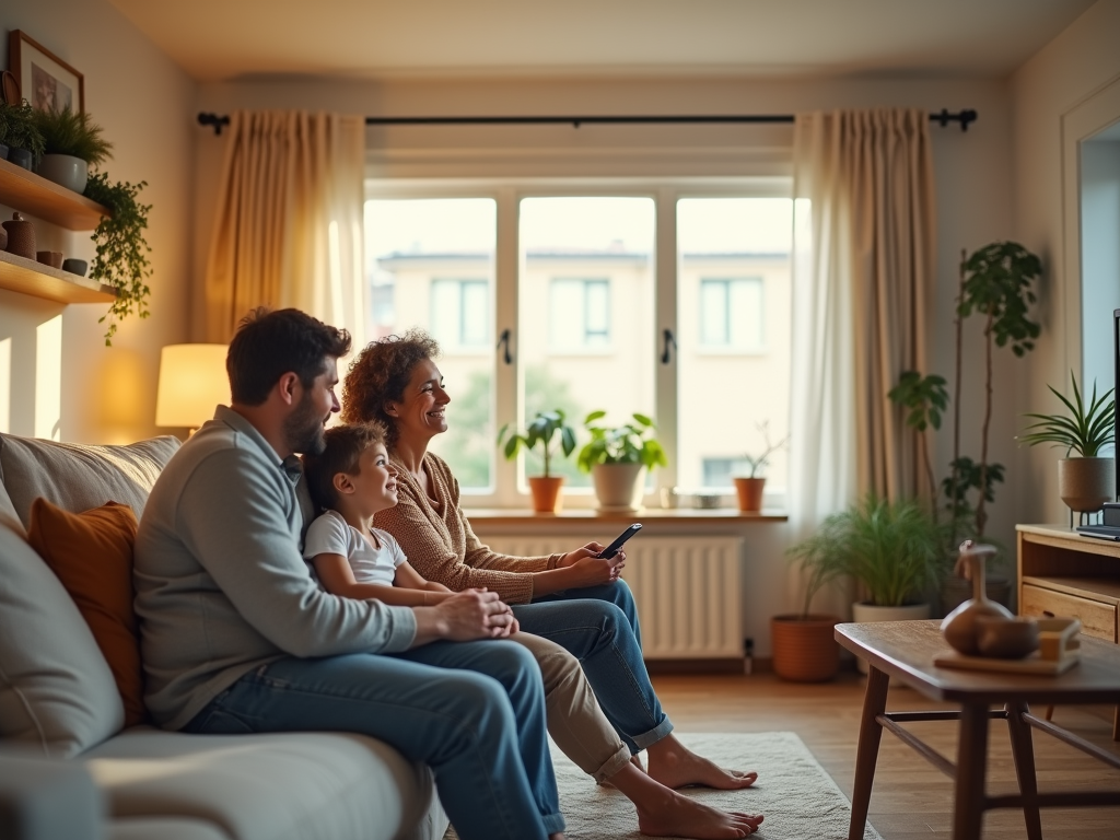 Family watching TV together in a cozy living room, evening light streaming in.