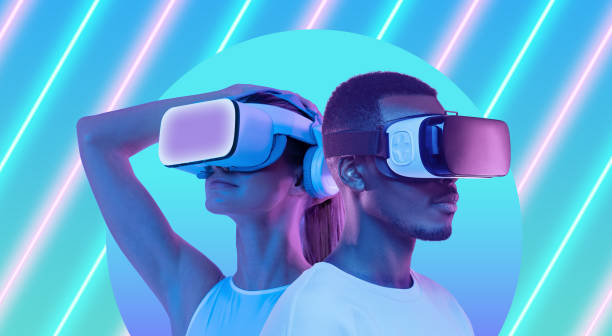 Two people wearing VR headsets, against a vibrant, neon background.