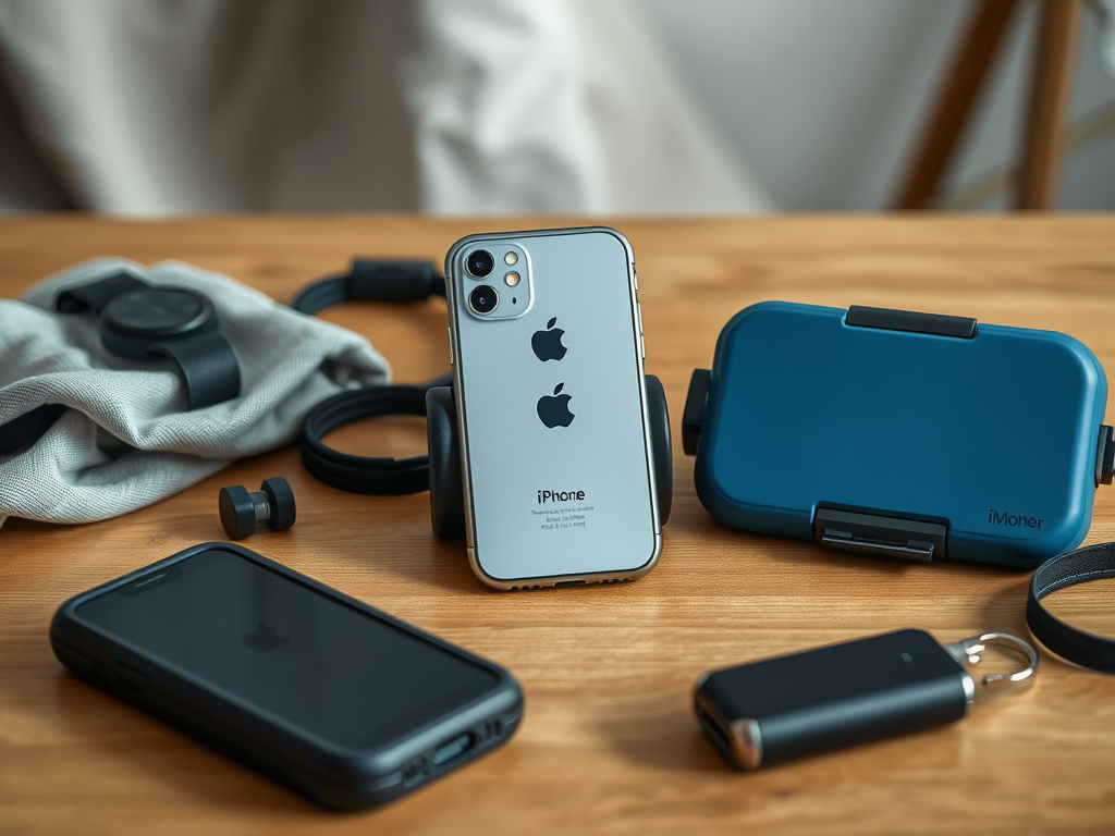 A smartphone and accessories on a wooden table: a case, watch, keychain, and a blue container.