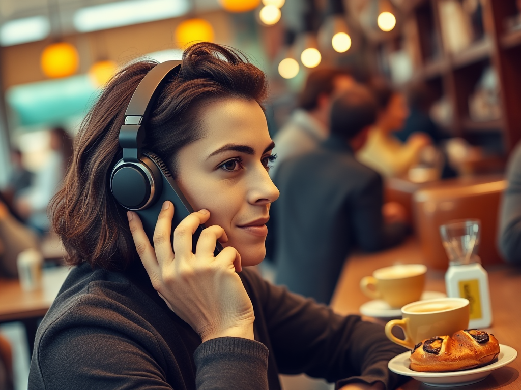 A woman wearing headphones smiles while talking on the phone, with a cup of coffee and a pastry in front of her.