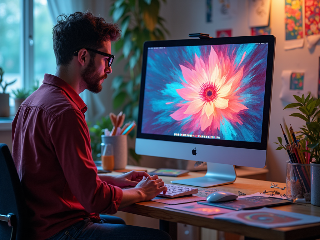 Man with glasses working on a computer with a vivid flower illustration on the screen in a creative workspace.