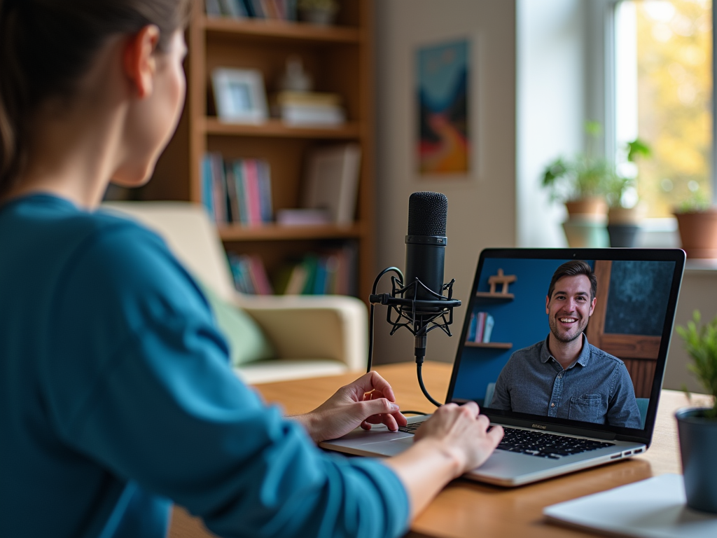 Woman recording a podcast with a male guest appearing on her laptop screen.