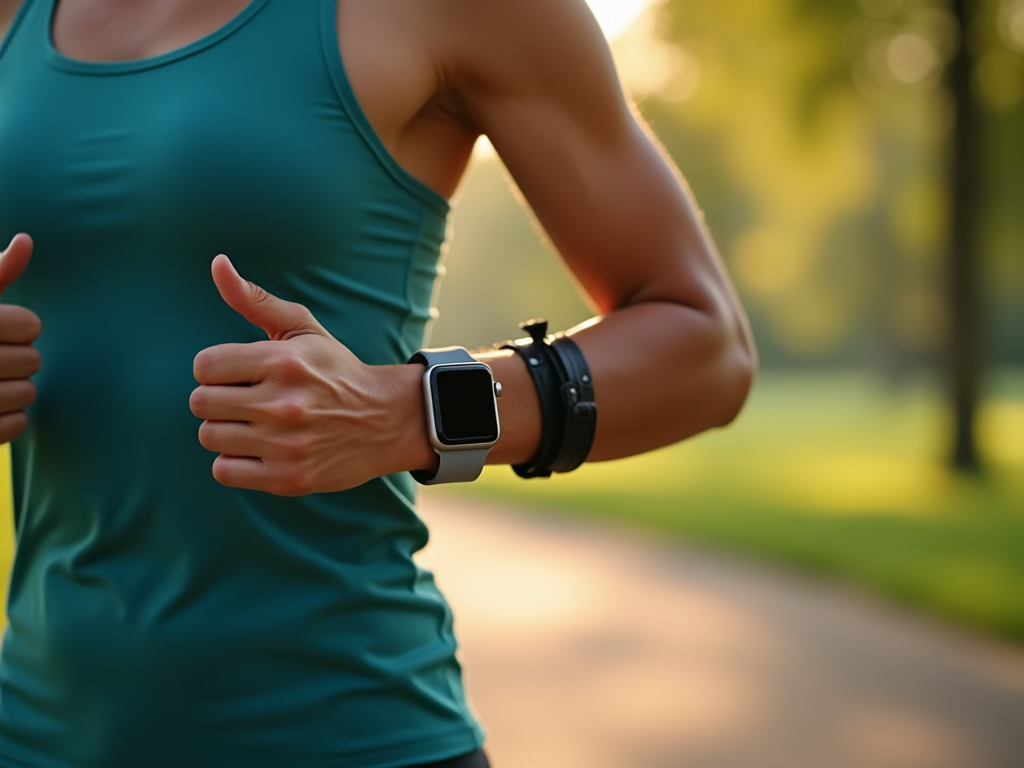 Close-up of a person jogging in a park wearing a smartwatch and fitness gear.