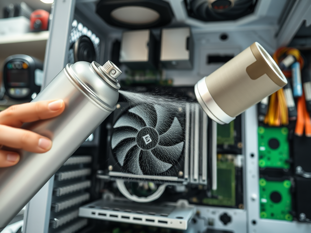 A person uses a can of compressed air to clean a computer fan inside a desktop PC.