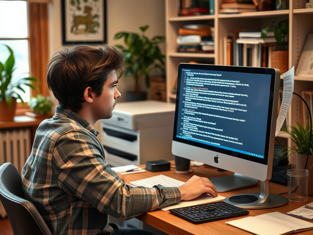 A young person sits at a desk focused on programming code displayed on a computer screen in a cozy workspace.