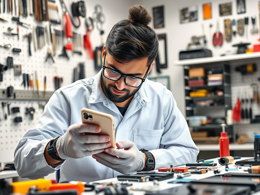 A man in a lab coat examines a smartphone in a workshop filled with various tools and equipment.