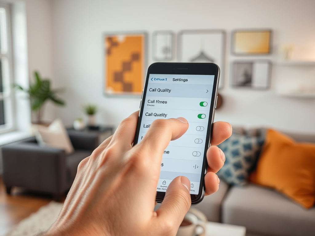 A hand holding a smartphone displays call settings, focusing on call quality options in a cozy living room.