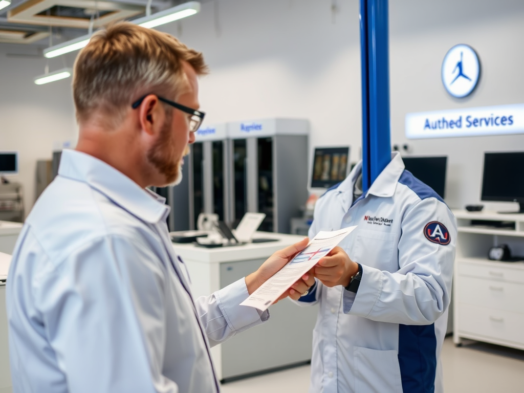 Two people in a service center; one holds a document while the other, in a lab coat, appears headless due to a pole.