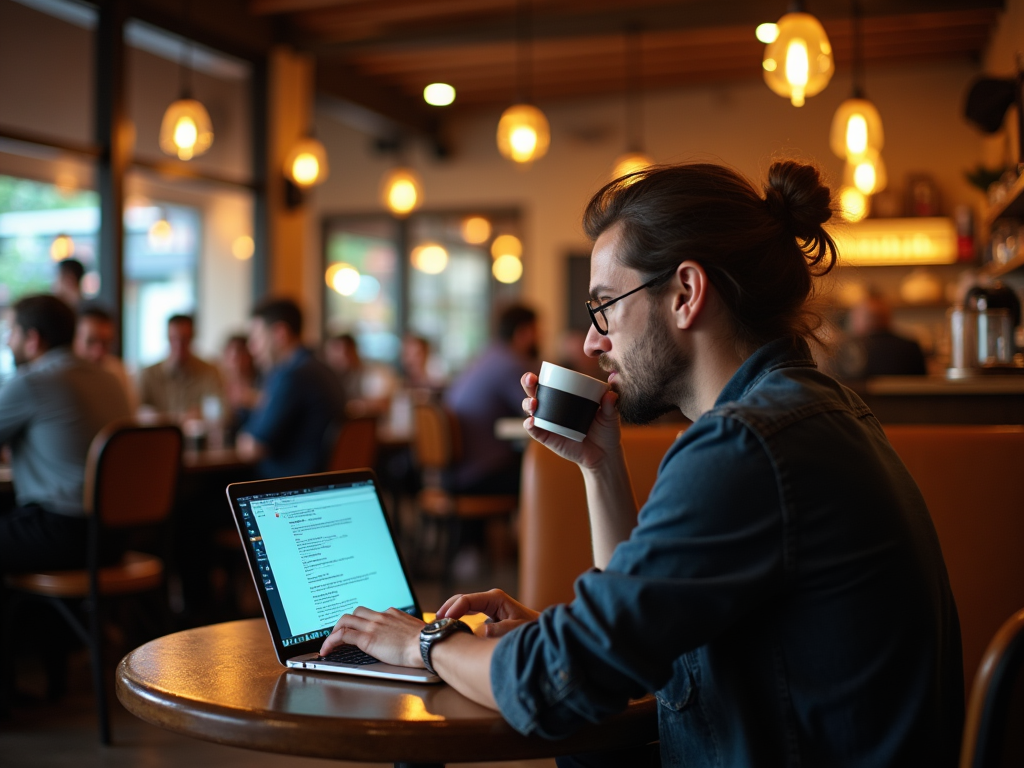 Man drinking coffee and working on laptop in a bustling cafe.