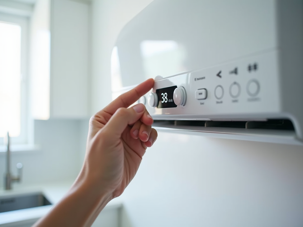 A person adjusting the temperature setting on a modern white appliance to 38 degrees.