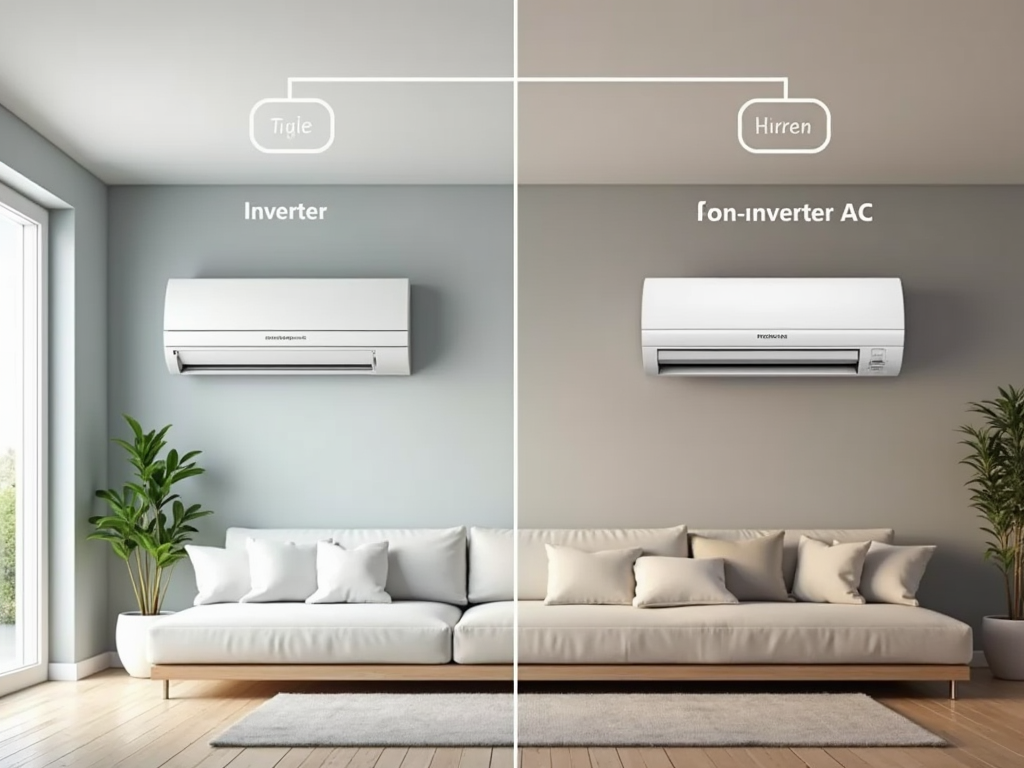 Comparison of inverter and non-inverter air conditioners in modern living rooms.