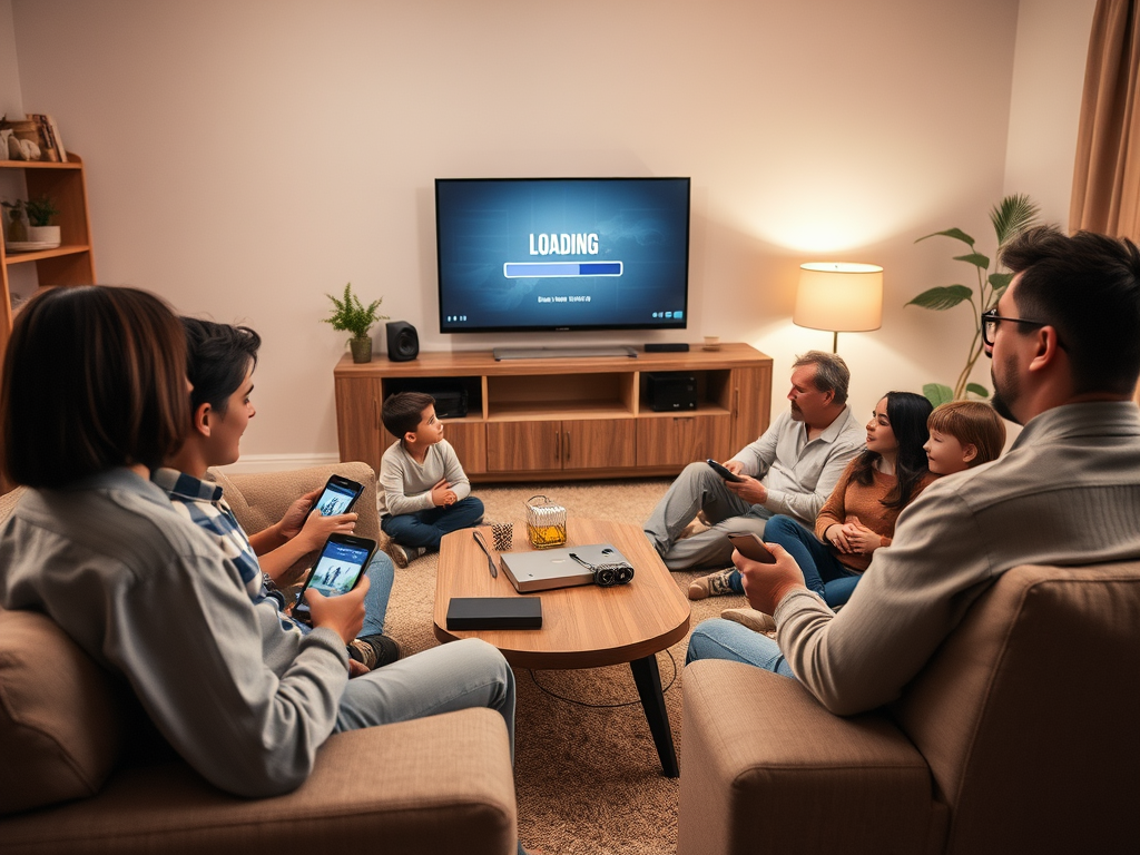 A family gathers in a cozy living room, waiting for a show to load on the TV while using their devices.