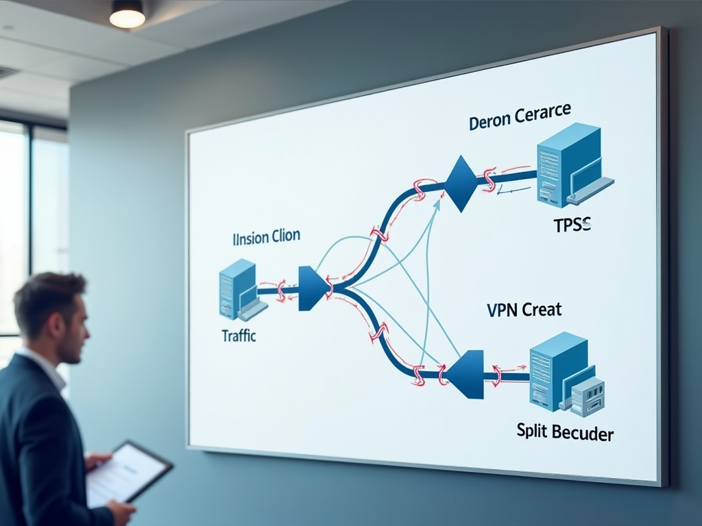 A businessman viewing a network diagram presentation on a digital board, illustrating data flow and server connections.