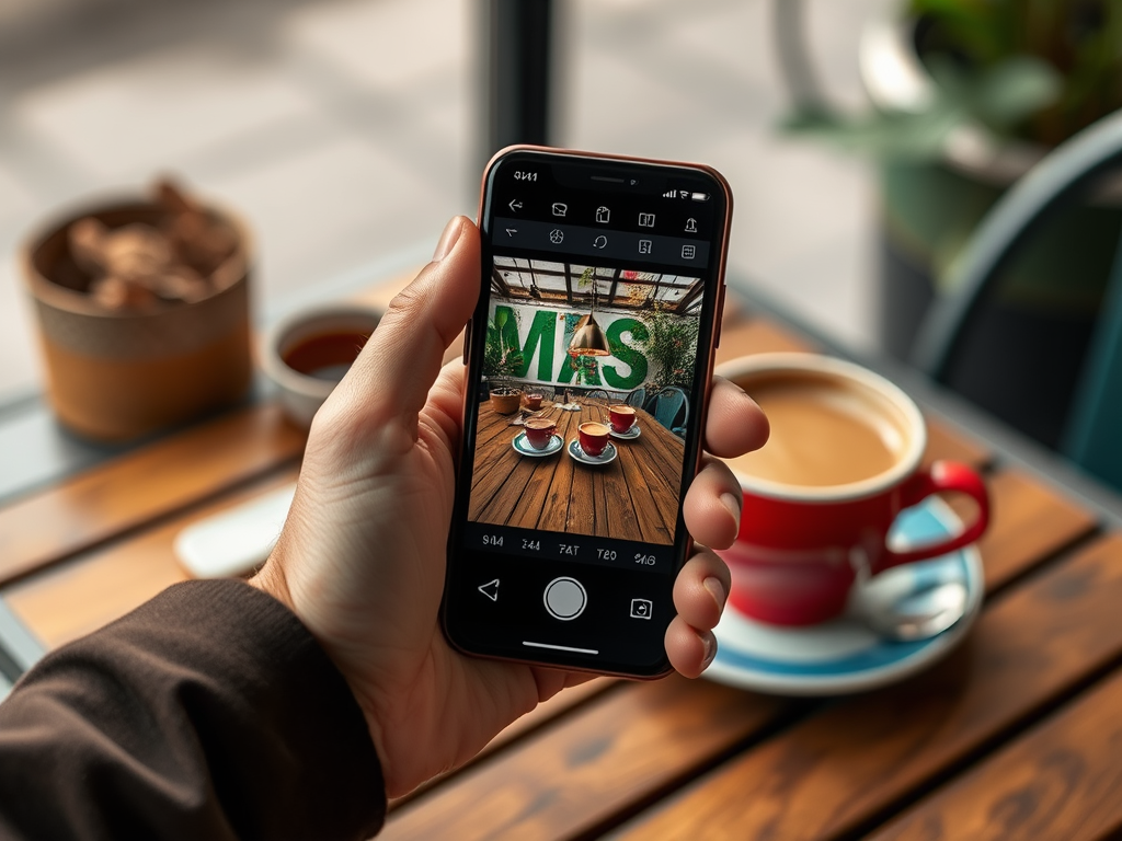 A hand holding a smartphone displays a photo of colorful cups on a table, with a green "MAS" sign in the background.