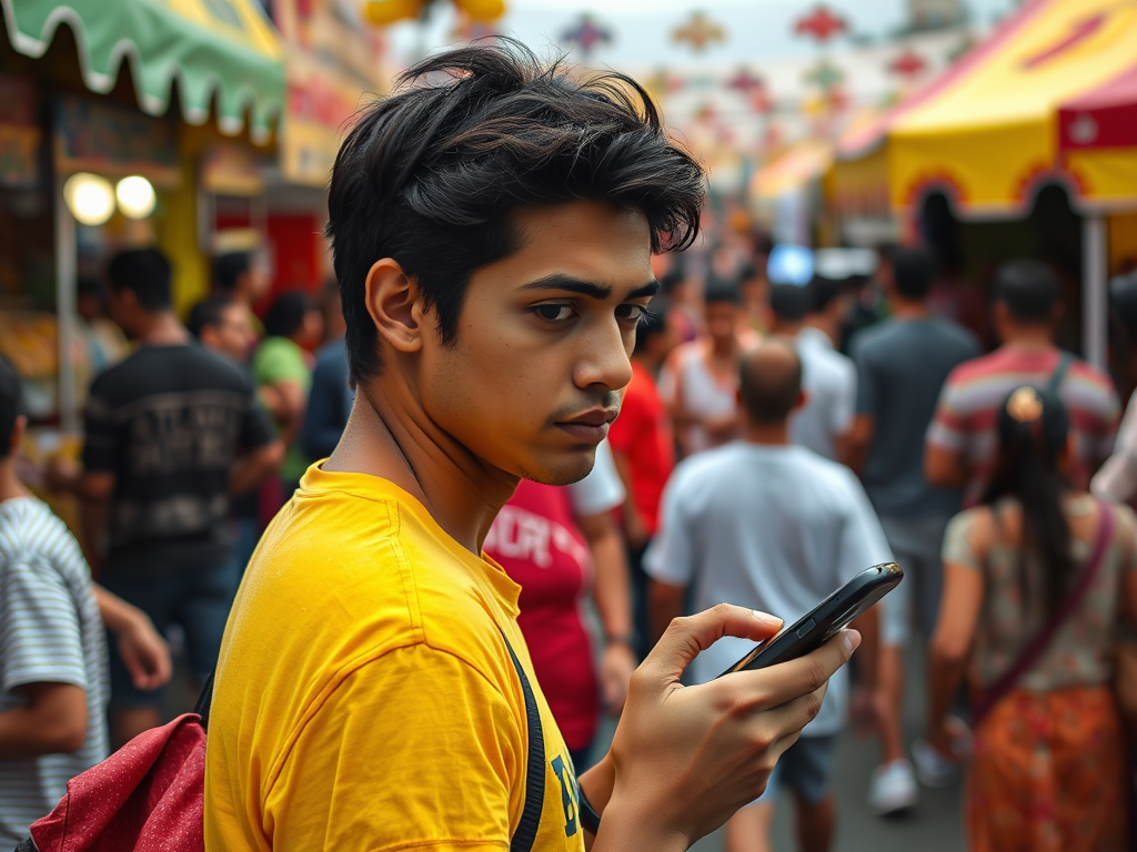 A young man in a yellow shirt looks back while using his phone, surrounded by a busy street fair atmosphere.