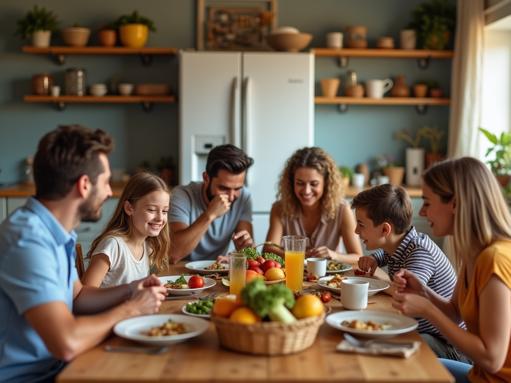 Family enjoys a meal together in a sunny, plant-filled kitchen.