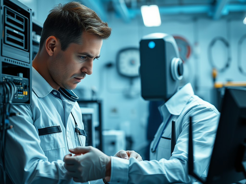 A technician focuses on a task while a humanoid robot stands nearby in a high-tech lab environment.