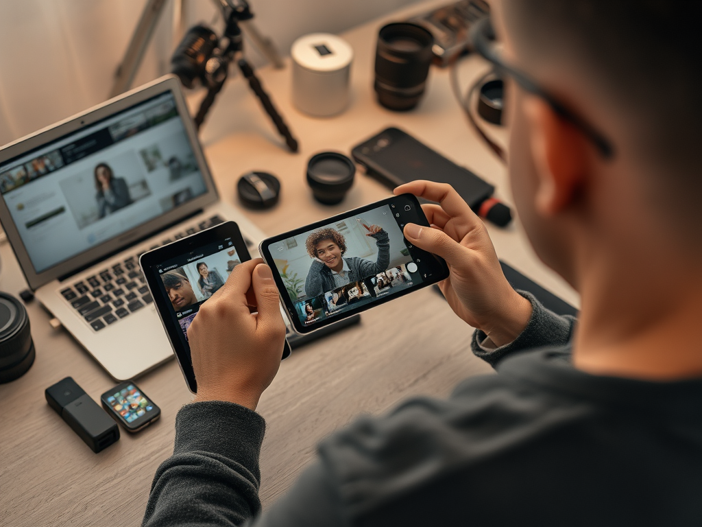 A person using two phones to take selfies and browse a laptop surrounded by camera equipment and gadgets.