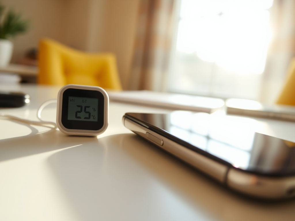A digital thermometer displaying 25°C next to a smartphone on a well-lit desk with a yellow chair in the background.