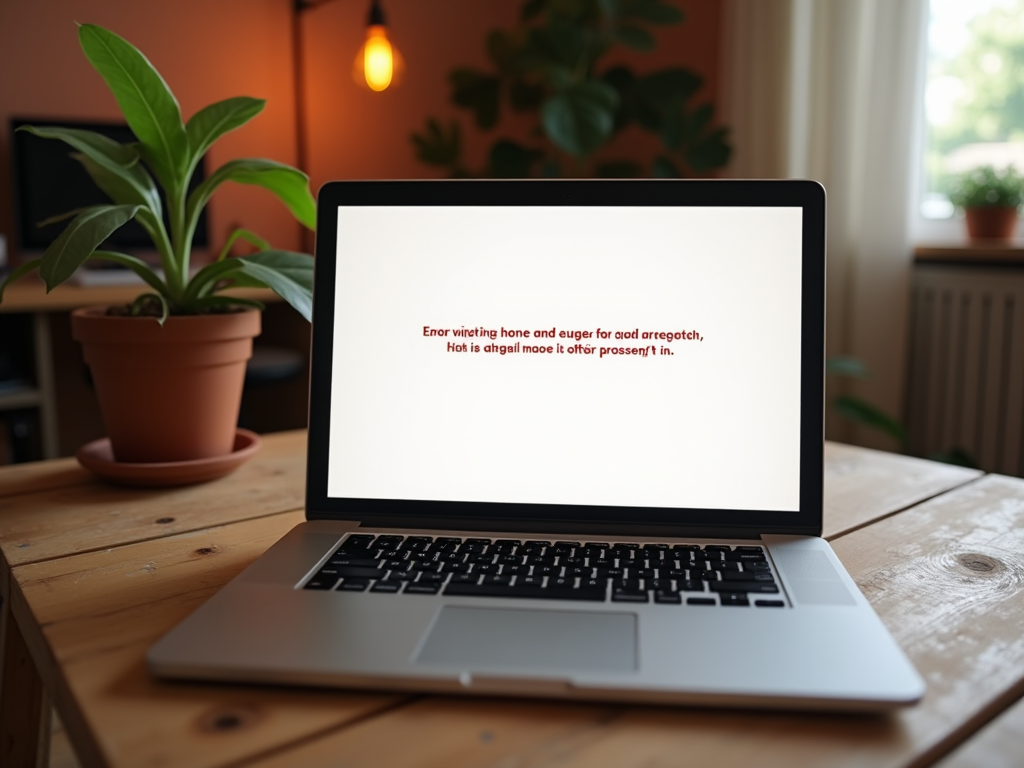 Laptop on a wooden table displaying text, with a potted plant on the side in a cozy room.