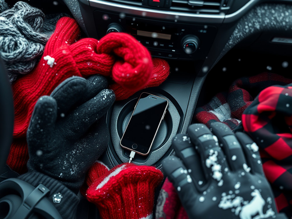 A phone is charging in a car console, surrounded by cozy winter gloves and scarves, with snowflakes visible.