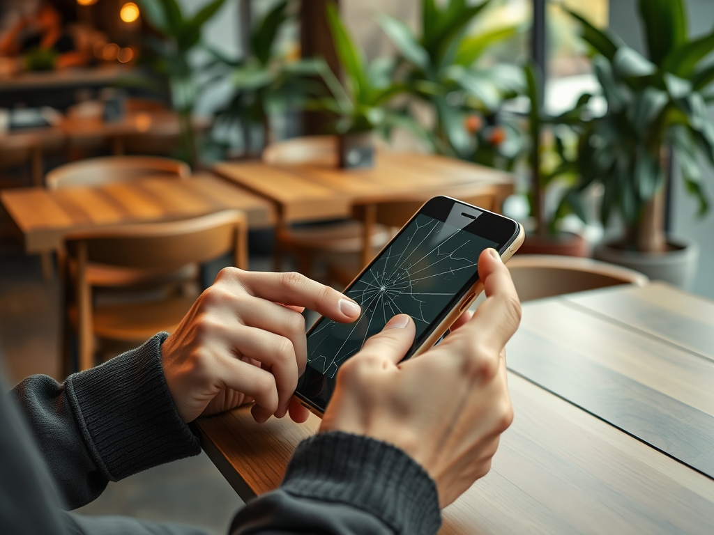 A person holds a smartphone with a cracked screen, sitting at a wooden table in a cafe surrounded by plants.