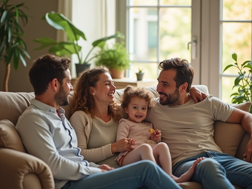 Family of four enjoying time together on a couch in a sunny living room.