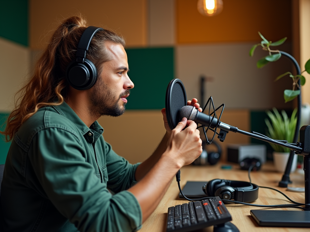 Man with headphones speaks into microphone in a studio, adjusting equipment.