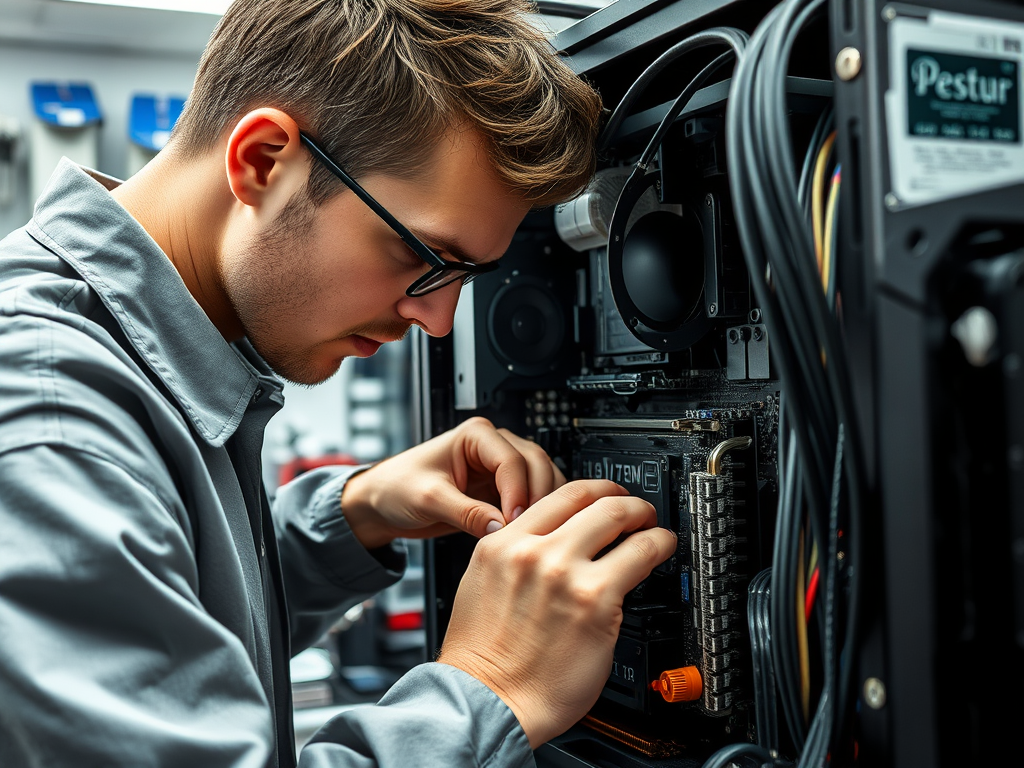 A technician is focused on assembling a computer inside a workstation, adjusting components with precision.