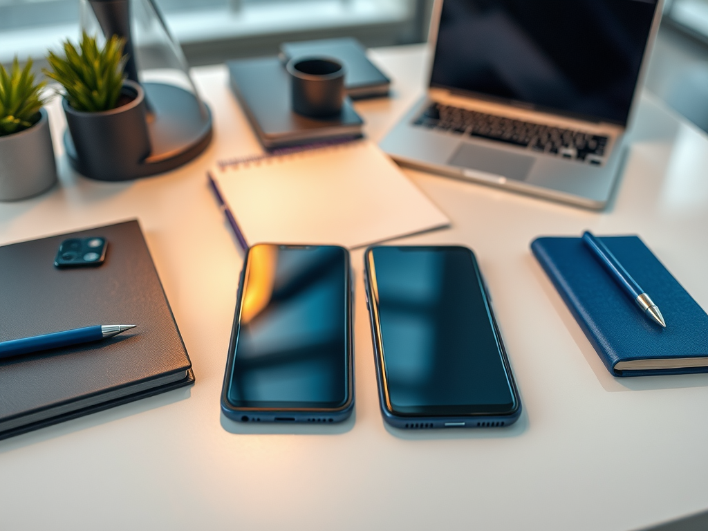 A desk setup with two smartphones, a laptop, notebooks, a pen, and small plants. Bright lighting enhances the scene.