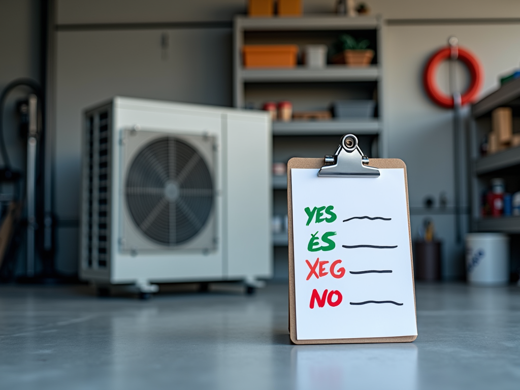 Clipboard with 'YES', 'XEG', and 'NO' in front of a blurred background featuring an air conditioner unit in a garage.