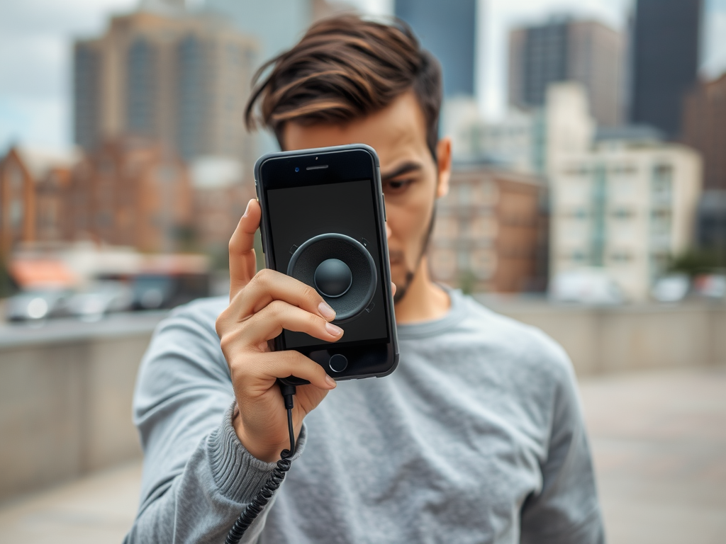 A young man holds a smartphone with a speaker graphic, standing outdoors with city buildings in the background.