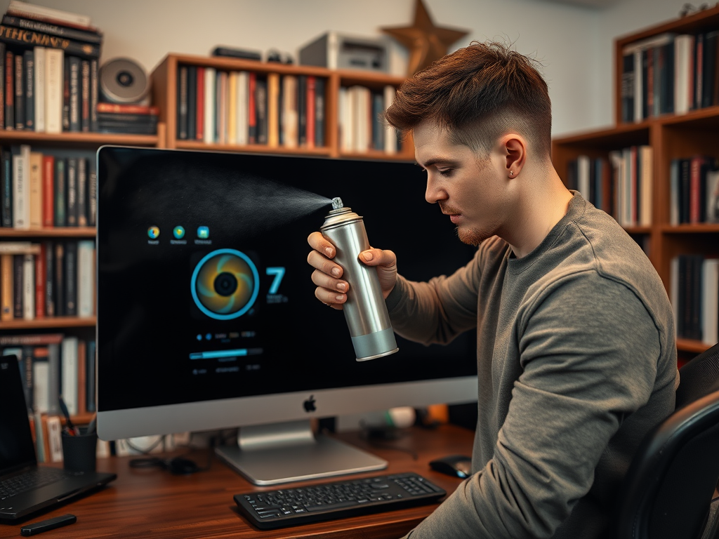 A person in a gray sweater sprays a canister while looking at a computer screen in a cozy workspace filled with books.