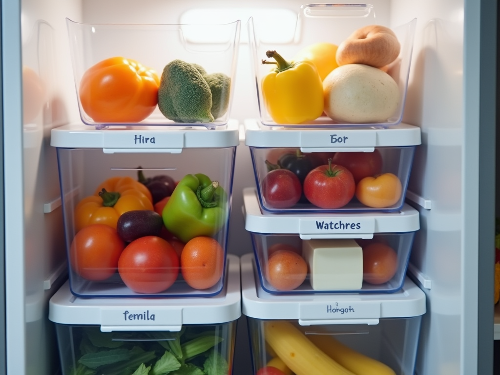 Open refrigerator full of vegetables and fruits organized in labeled drawers.